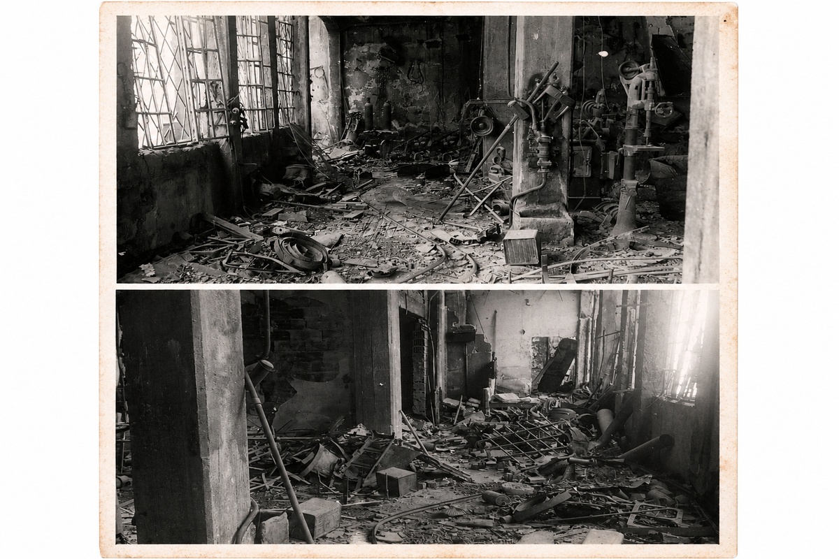 Fotografie d’archivio in bianco e nero del negozio distrutto dai bombardamenti del 10 dicembre 1943