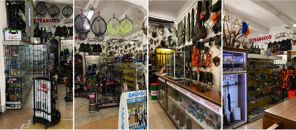 Interno del negozio Armeria Lorenzi a Ventimiglia: reparto pesca, armeria e abbigliamento